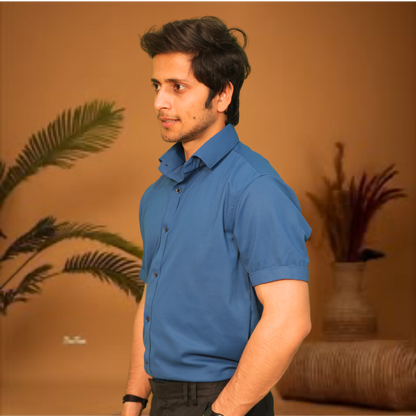 Premium Blue Short Sleeve Button-Down Shirt