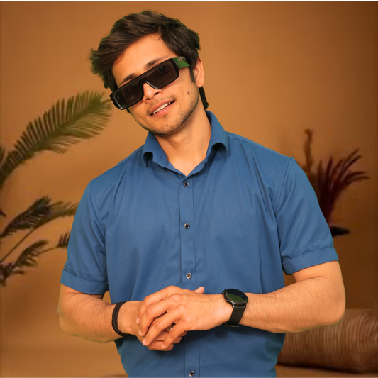 Premium Blue Short Sleeve Button-Down Shirt